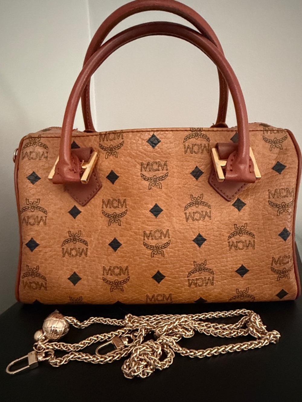 MCM Cognac Visetos Monogram Satchel with Gold Hardware